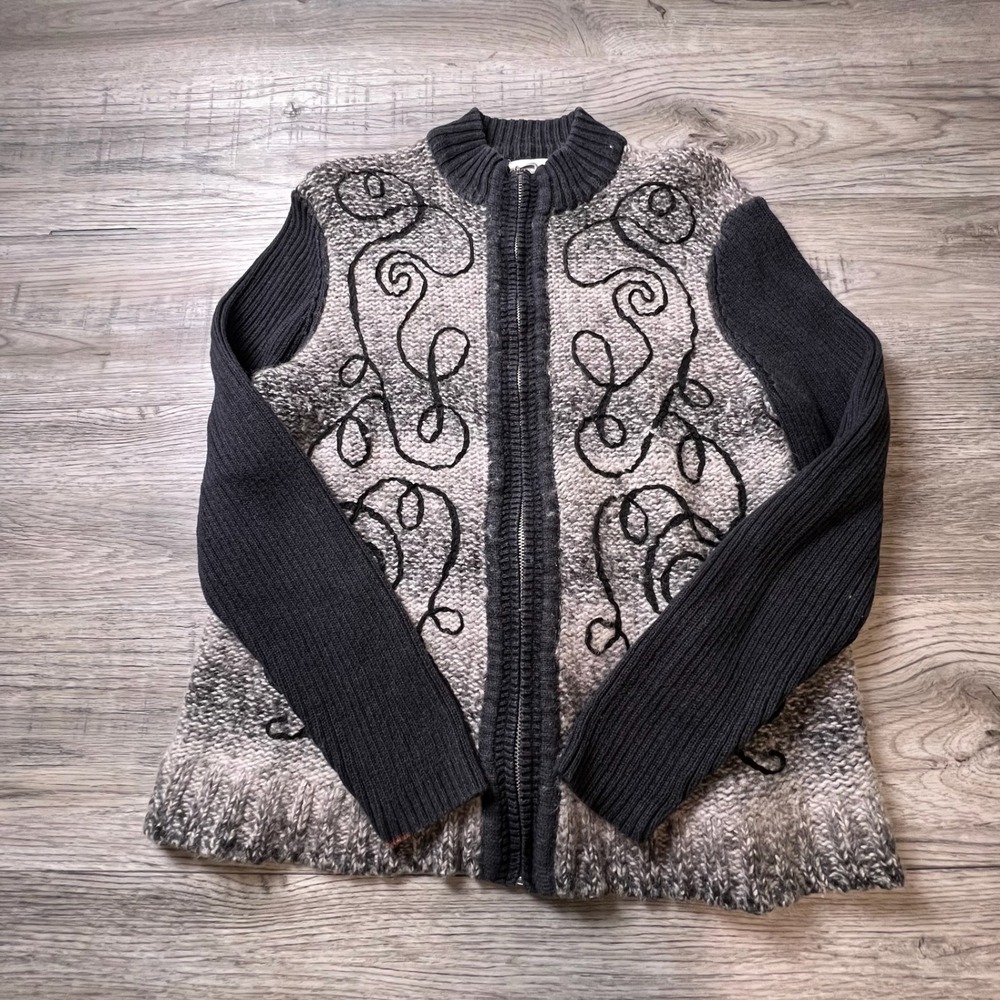 Breckenridge Full Zip Cardigan Women L Gray Black Wool Blend Embroidered Sweater